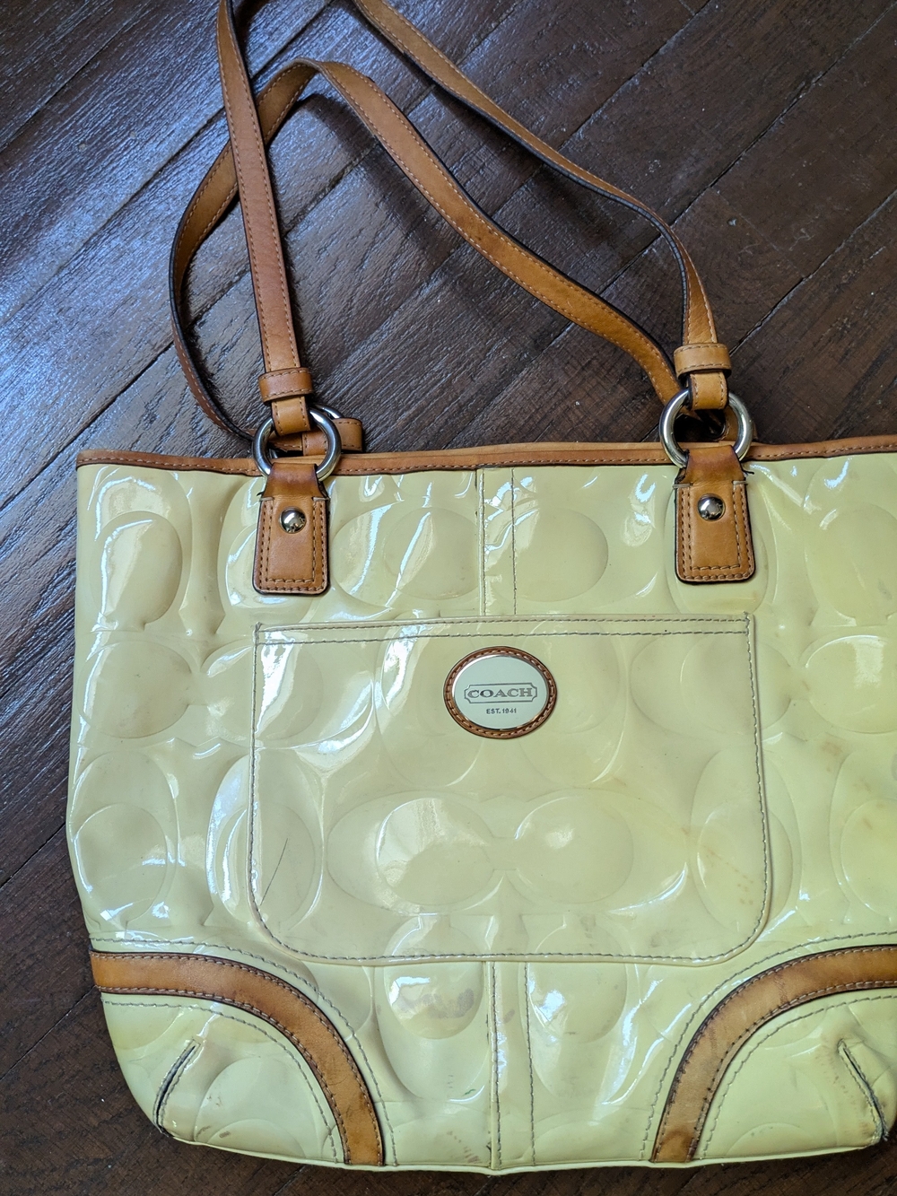 Coach Pale Yellow Patent Tote with Tan Leather Trim